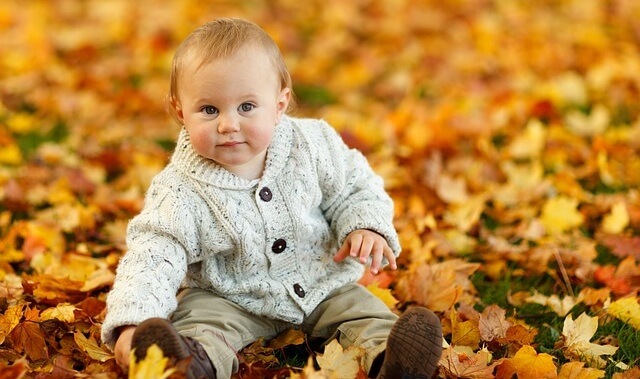 Dziecko siedzące wśród liści