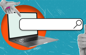 Laptop z polem wyszukiwania do memow