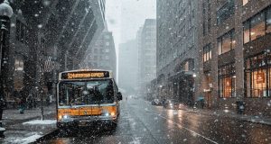 Autobus jadący w śnieżycy