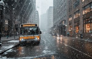 Autobus jadący w śnieżycy
